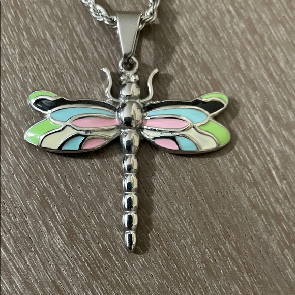 Artisan Silver Dragonfly Necklace with Pink and Green Accents - Picture 2 of 10